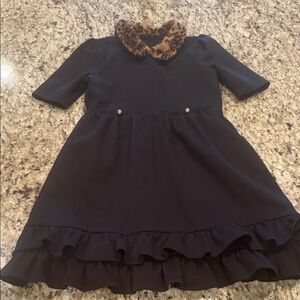 Stylish Black Kids Dress with Leopard Print Collar